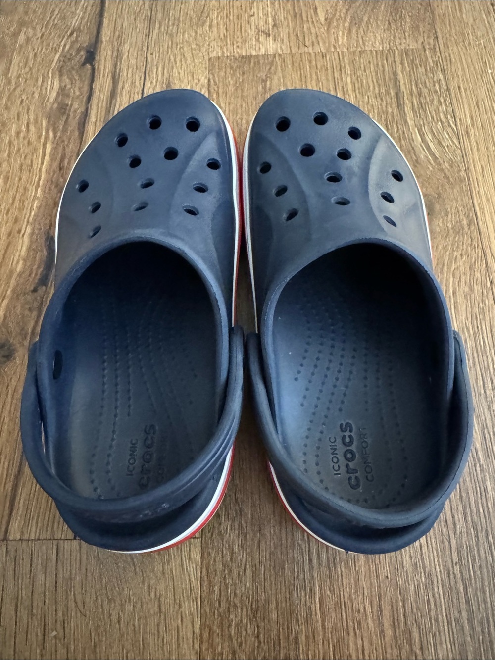 CROCS Navy Clog with Red and White Midsole Stripe